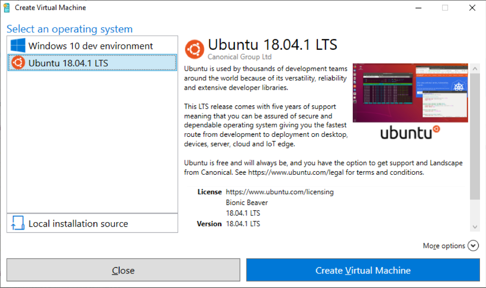 Choose your desired OS and click "Create Virtual Machine" (image source: blogs.windows.com)