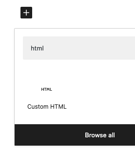 Choosing the HTML Block in WordPress Gutenberg Editor