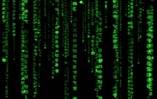 Screenshot of the famous GLMatrix screensaver; Copyright © 1999-2003 by Jamie Zawinski